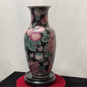 Chinese Hand Painted Black‎ 12" Vase with Colorful Grapes & Fruit ~ Excellent